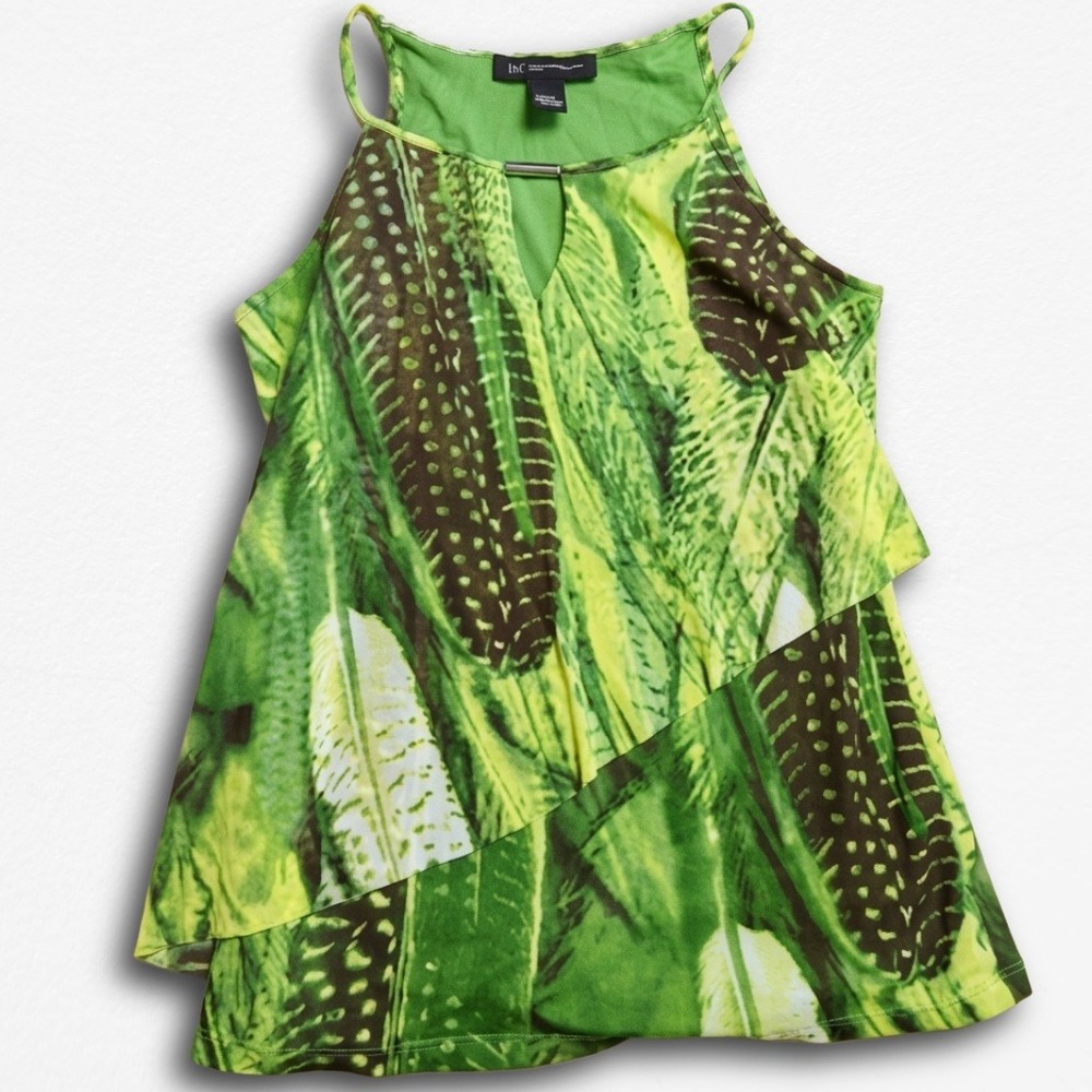INC‎ International Concepts Green Tropical Feather Print Halter Top Petite Small